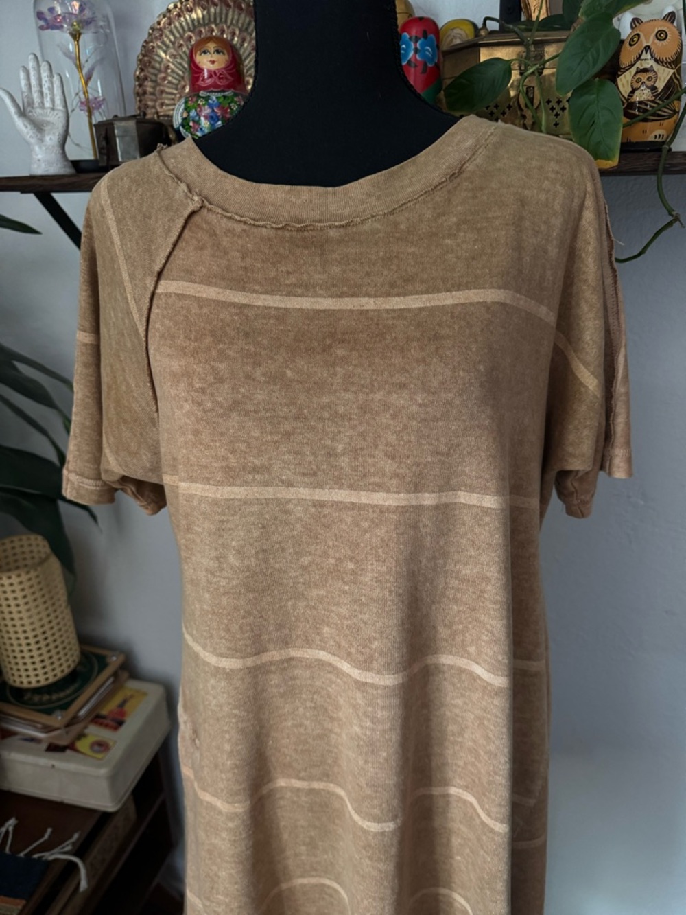 Oska Casual Striped Asymmetrical Taupe Hemp Fiber Swing Dress - Picture 2 of 9